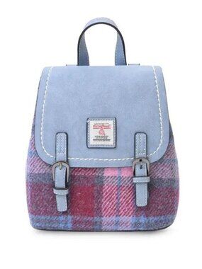 Harris Tweed Scotland Mini Jura Backpack in Pink and Blue Tartan The Islander
